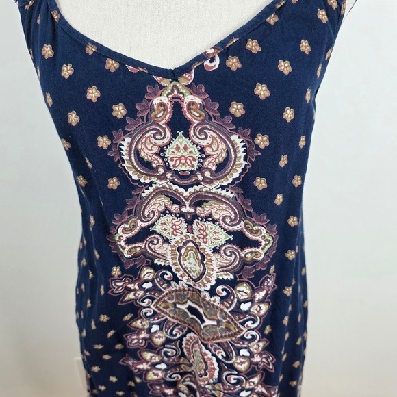 Angie Paisley Mini Dress Womens Medium Navy Blue Boho T-Back Rayon Festival - Picture 5 of 5